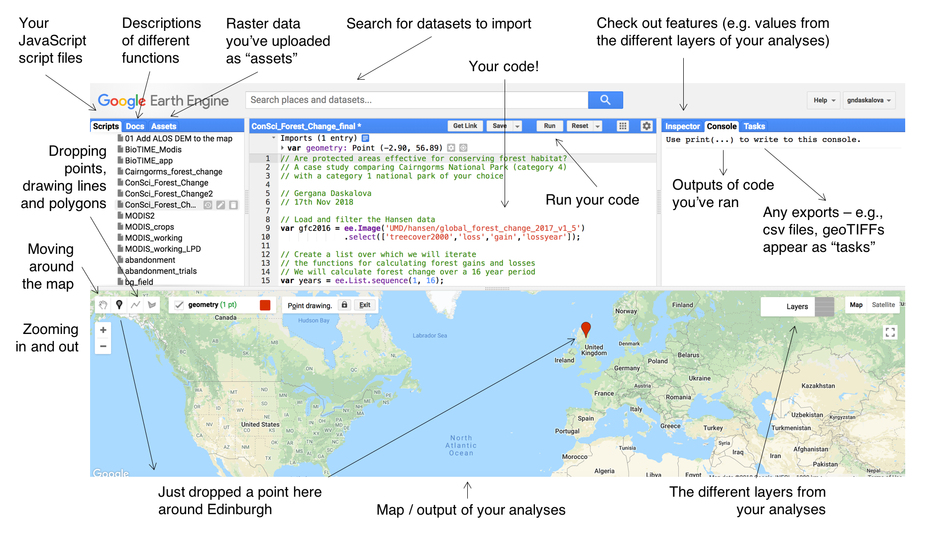 Google Earth Engine webUI layout annotated