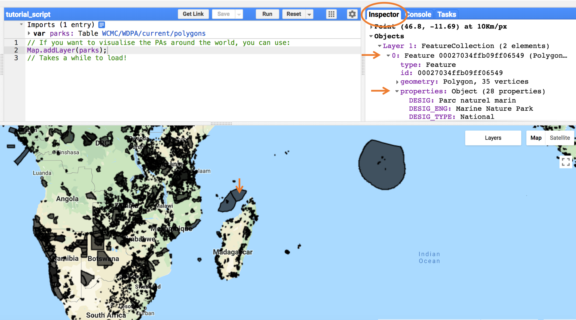 Programming interface of Google Earth Engine©. The red polygon is