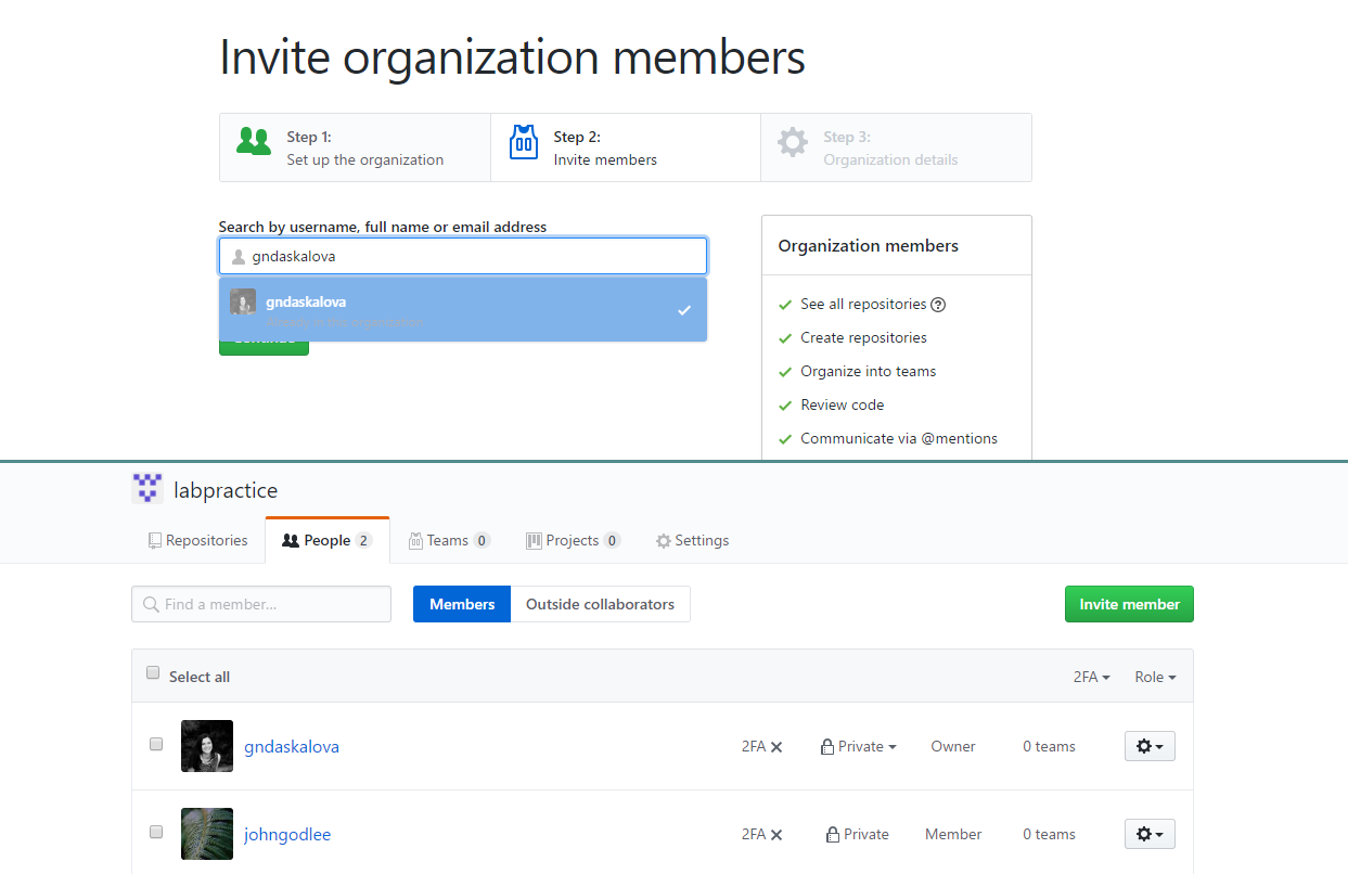 Github invite organisation members screenshot