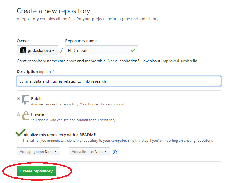 Github create repository screenshot