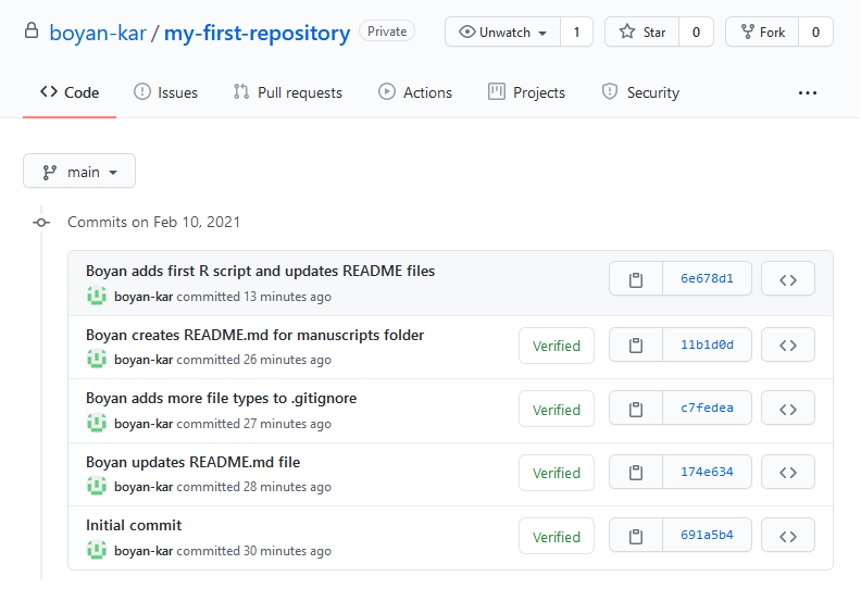 Github commit history screenshot