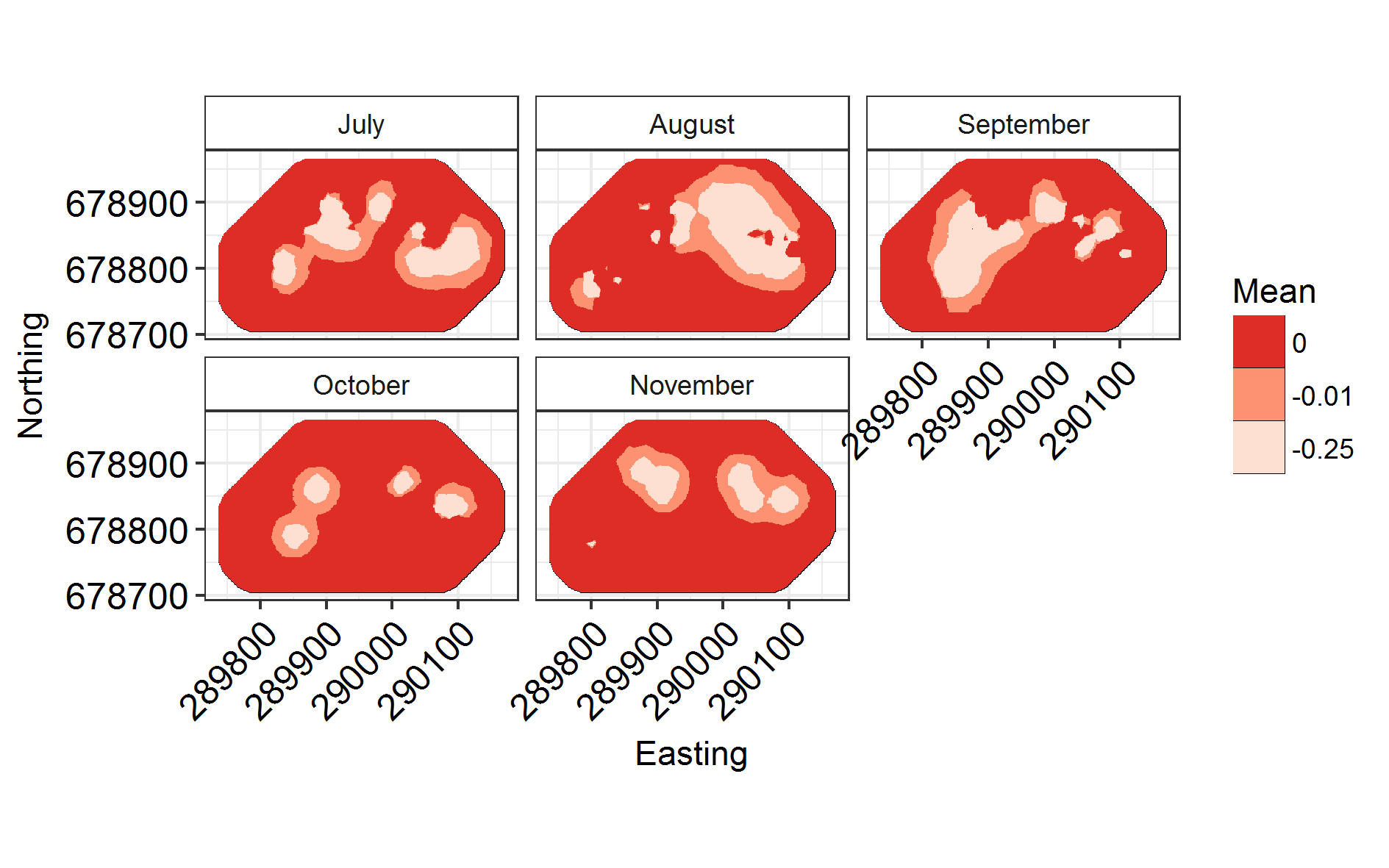 Facetted spatial field map by month