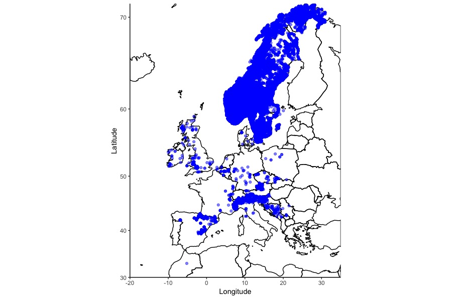 Map of trout occurrence in Europe