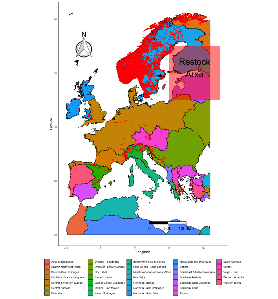 Trout Europe map ecoregions with annotations