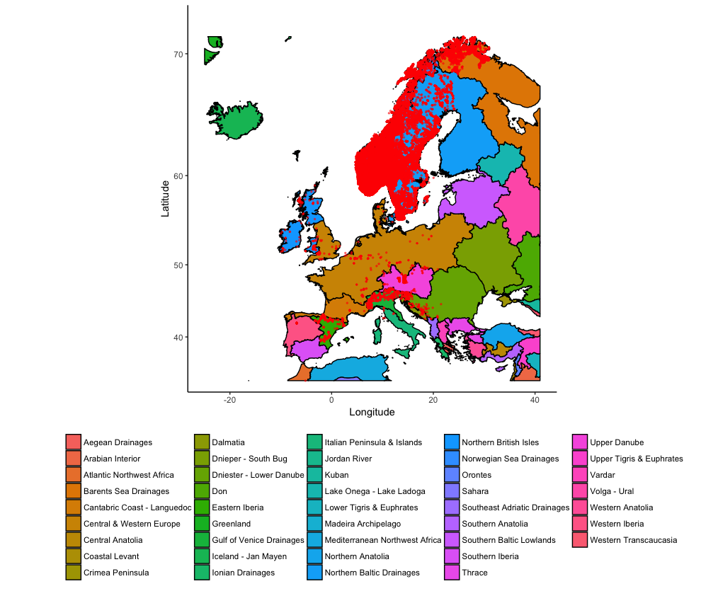 Trout map Europ with ecoregions