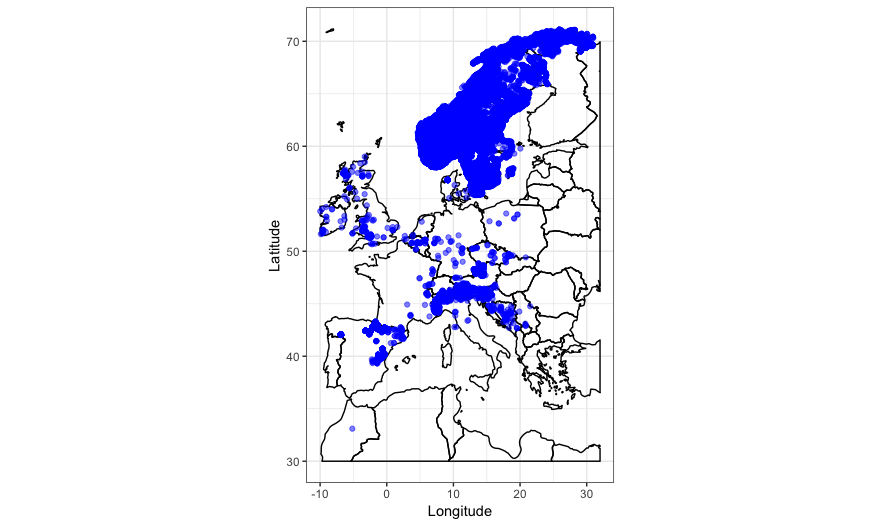 Europe map of trout distribution