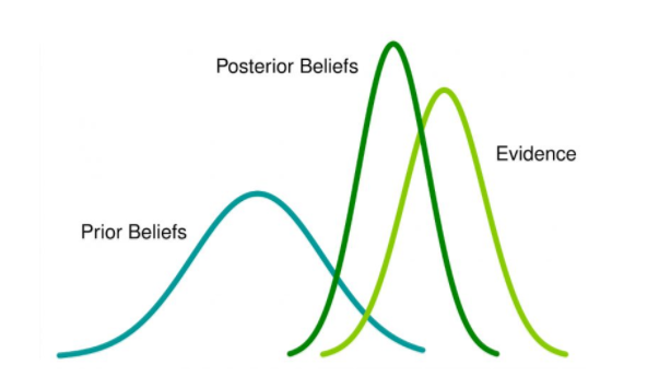 Schematic density distribution of prior belief, posterior belief, and evidence
