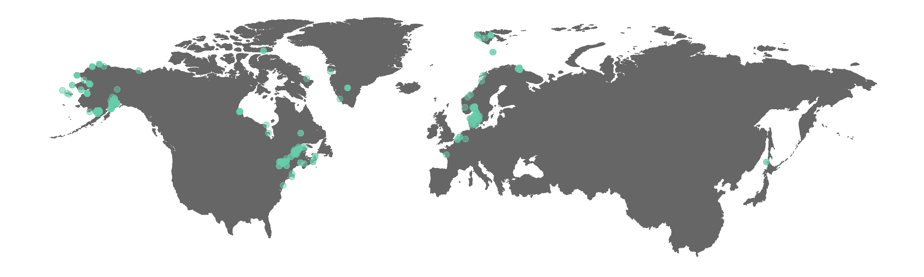 Figure 2. Map of GBIF occurrences for the beluga whale after filtering for records that passed the coordinate validity tests.