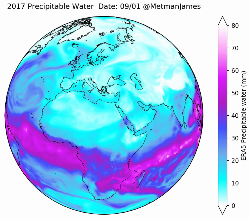 Global projection of precipitable water, 2017