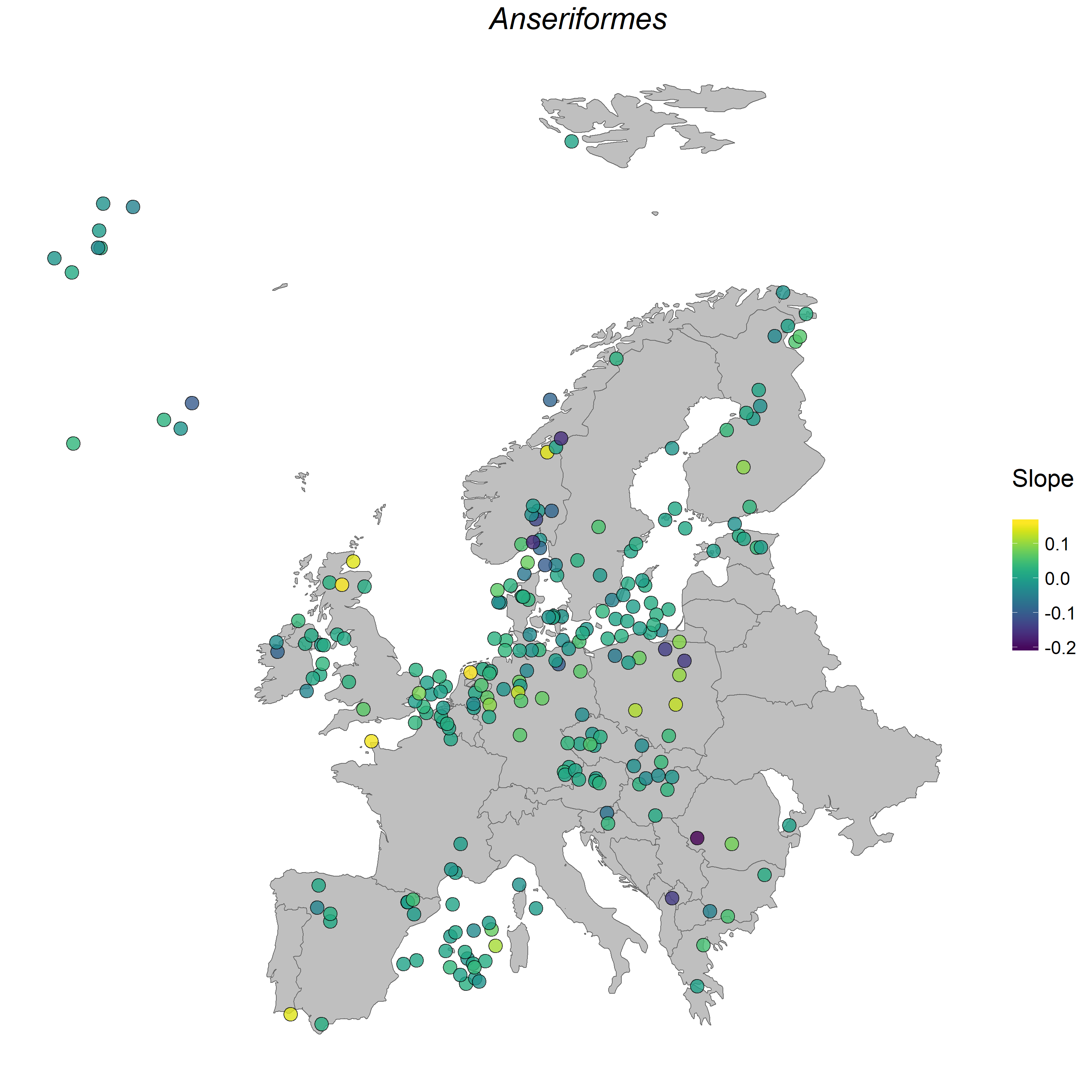 Map of Europe with Anseriforme population trends