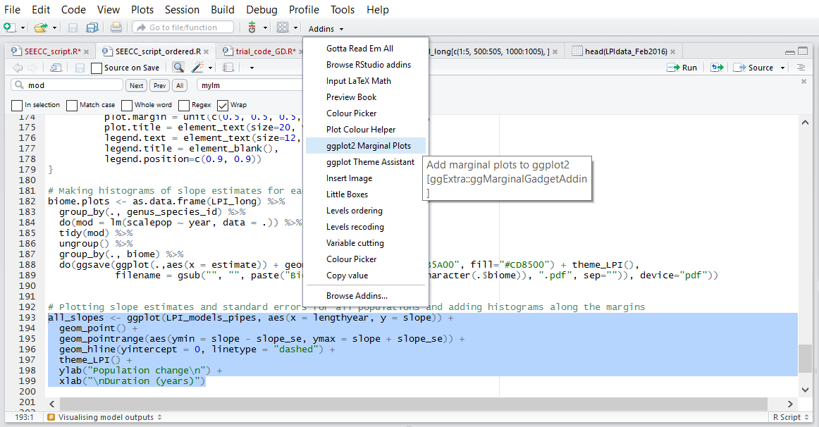 RStudio ggplot marginal plots menu screenshot