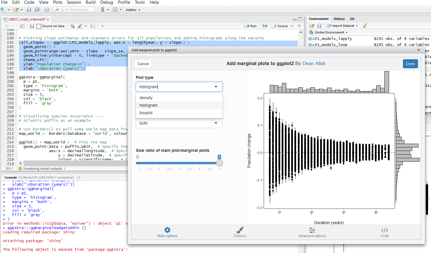 RStudio ggplot marginal plots interface screenshot