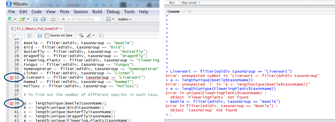 RStudio GUI error and code linter warning, annotated