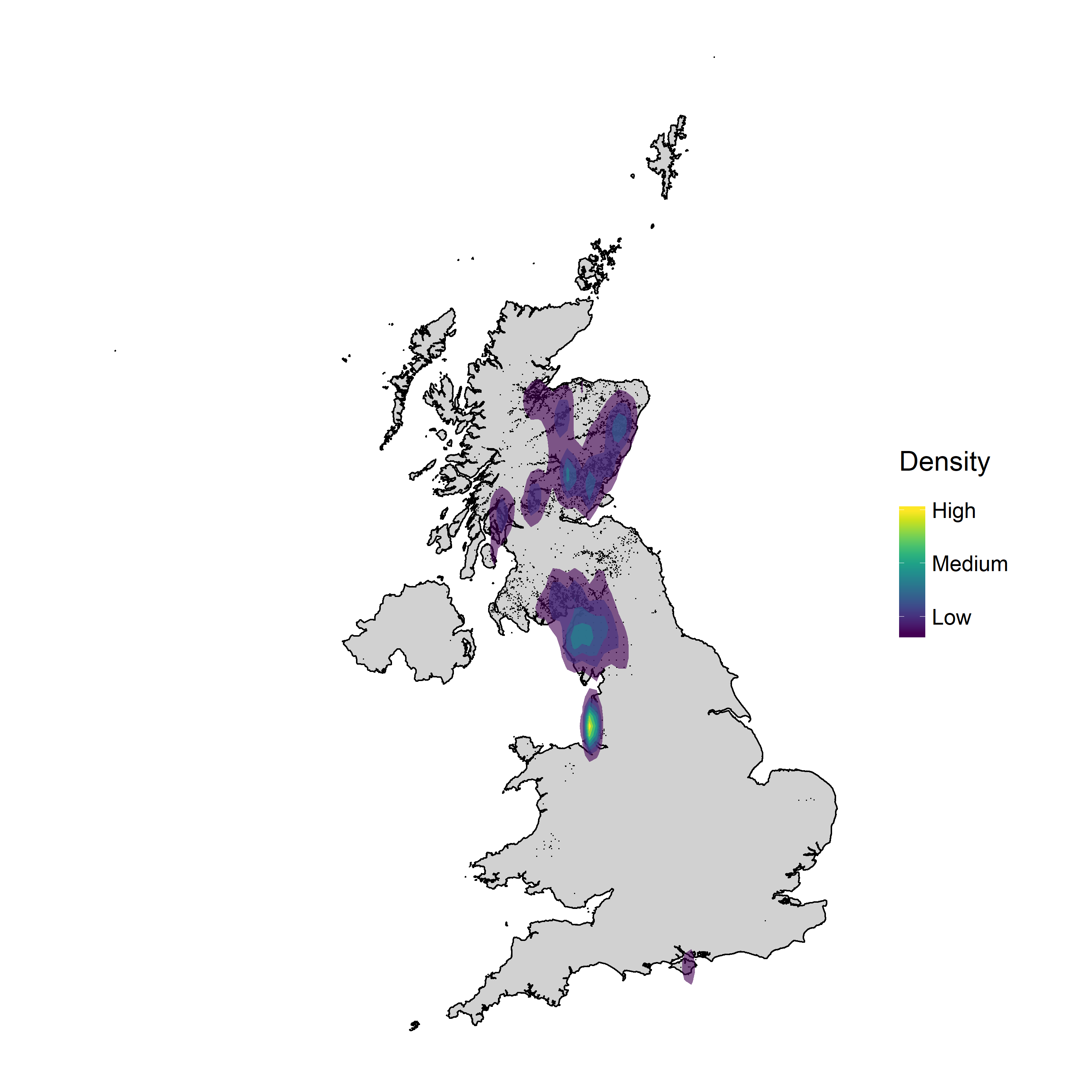 Density heatmap of red squirrels in the UK
